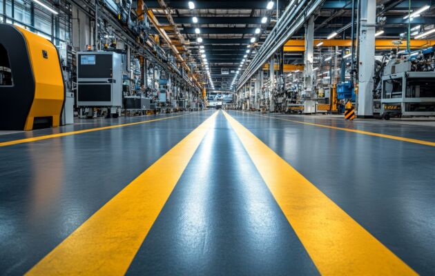 modern factory interior with industrial machinery and yellow floor markings.