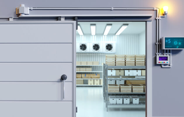 industrial refrigeration chamber. gate refrigerated storage. refrigerator at pharmaceutical factory. refrigerator with boxes on shelves. refrigerated warehouse for pharmaceutical industry. 3d image